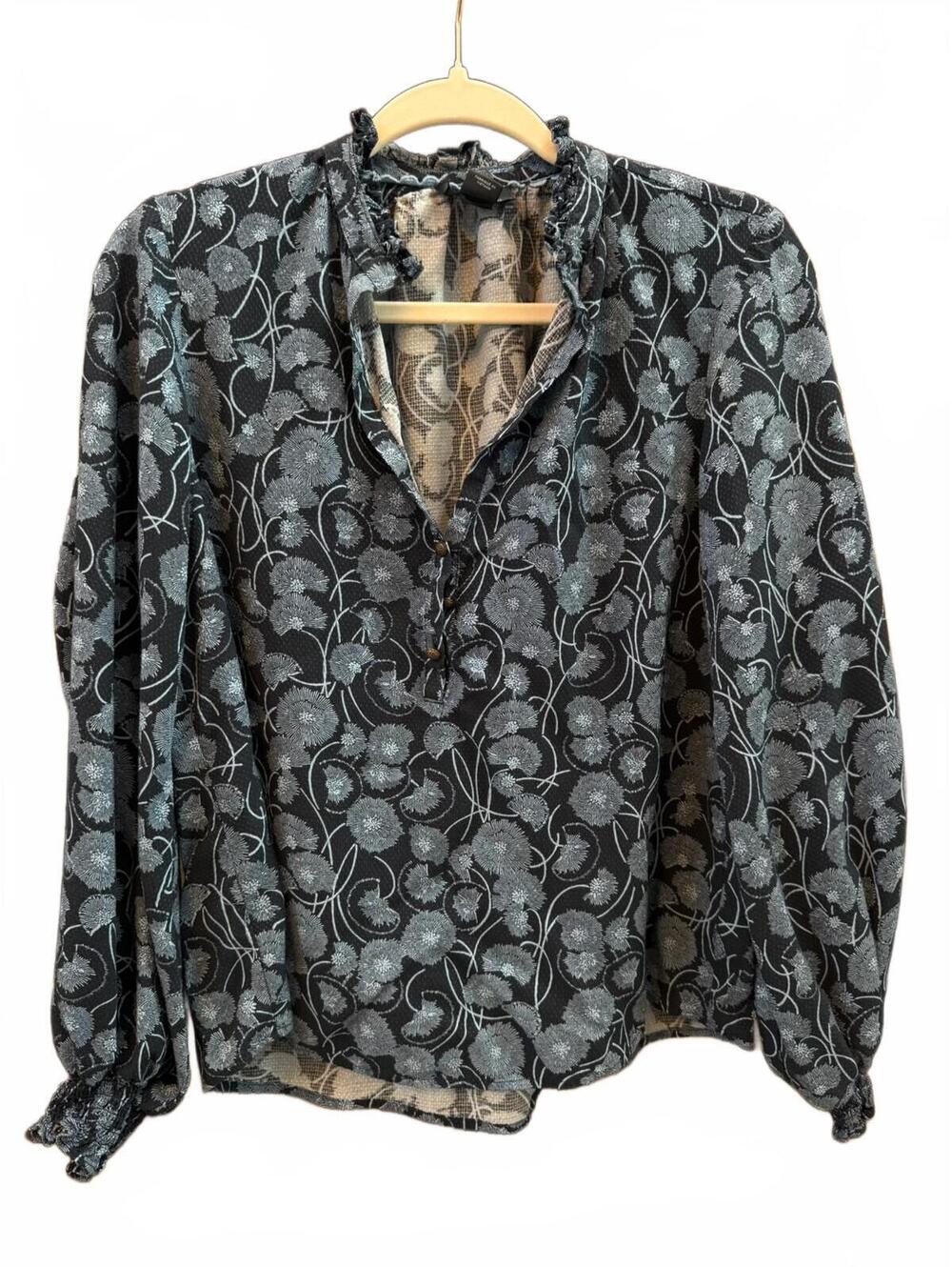 Maeve Anthropologie Black Blue Floral Ruffle Peasant Blouse XS